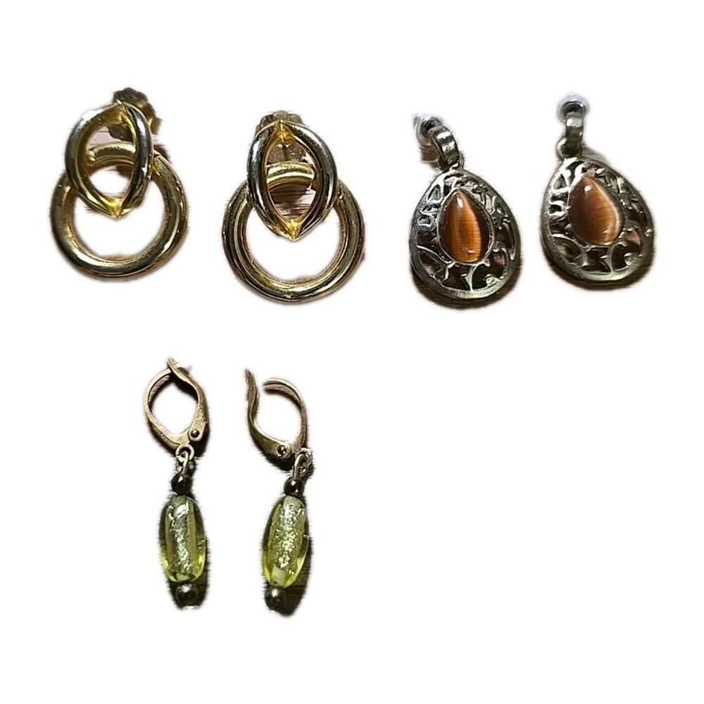Pair‎ of 3 Vtg Gold Tone Beaded Studded Dangling Statement Earrings Jewelry